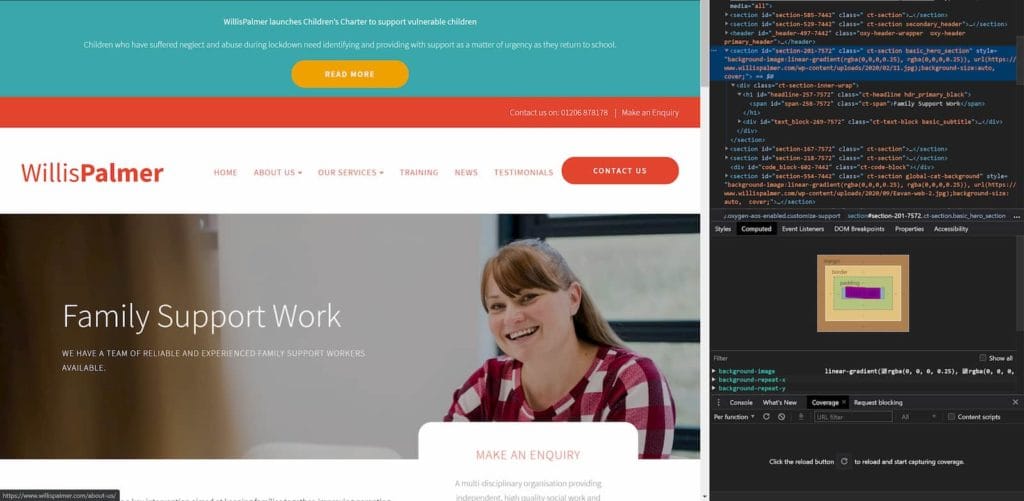 A screenshot of the WillisPalmer hero image with the developer tools open